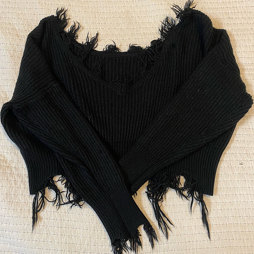 SHEIN ICON Distressed Trim Drop Shoulder Crop Sweater